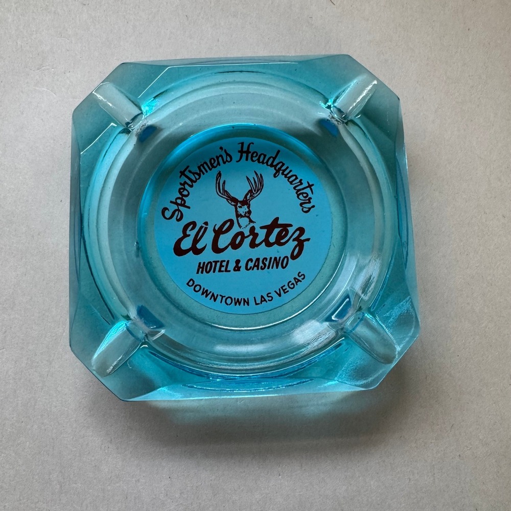 Vintage El Cortez Hotel Casino Las Vegas Blue Glass Ashtray Sportsmens HQ Deer